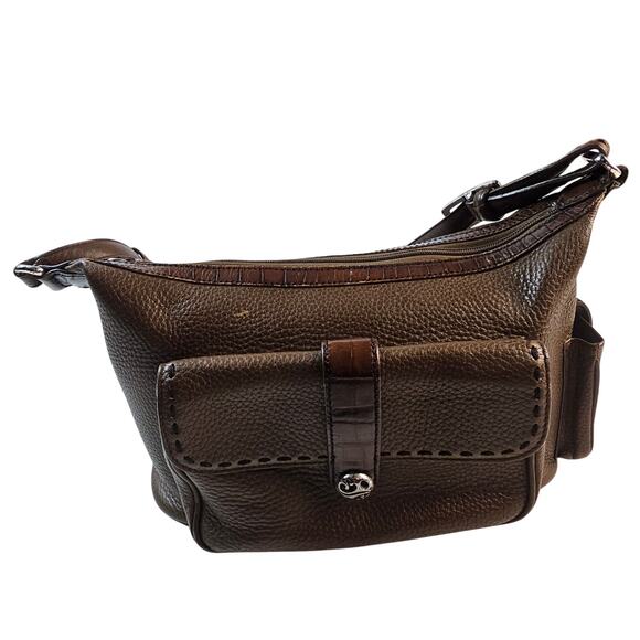 BRIGHTON Brown Leather w/ Croc Embossed
Trim Satchel Shoulder Bag pre owned - Picture 2 of 11